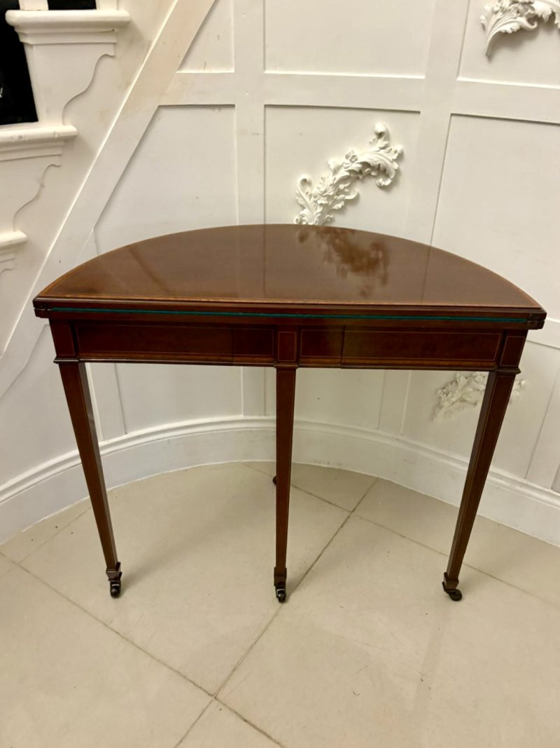 Elegant Late Victorian Antique Mahogany and Satinwood Inlaid  Demi-Lune Card/Console Table